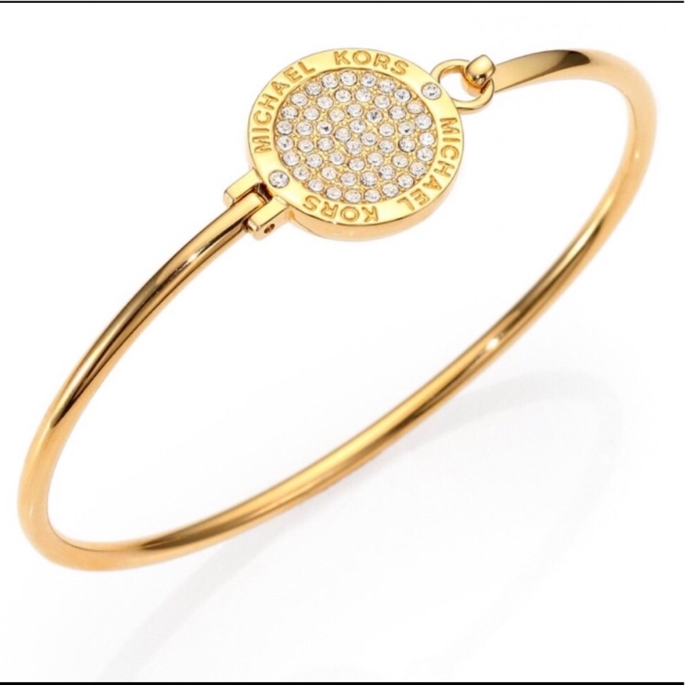 Michael KORS Gold Round Pave Swarovski Crystal Logo Disc Bangle Bracelet NWOT